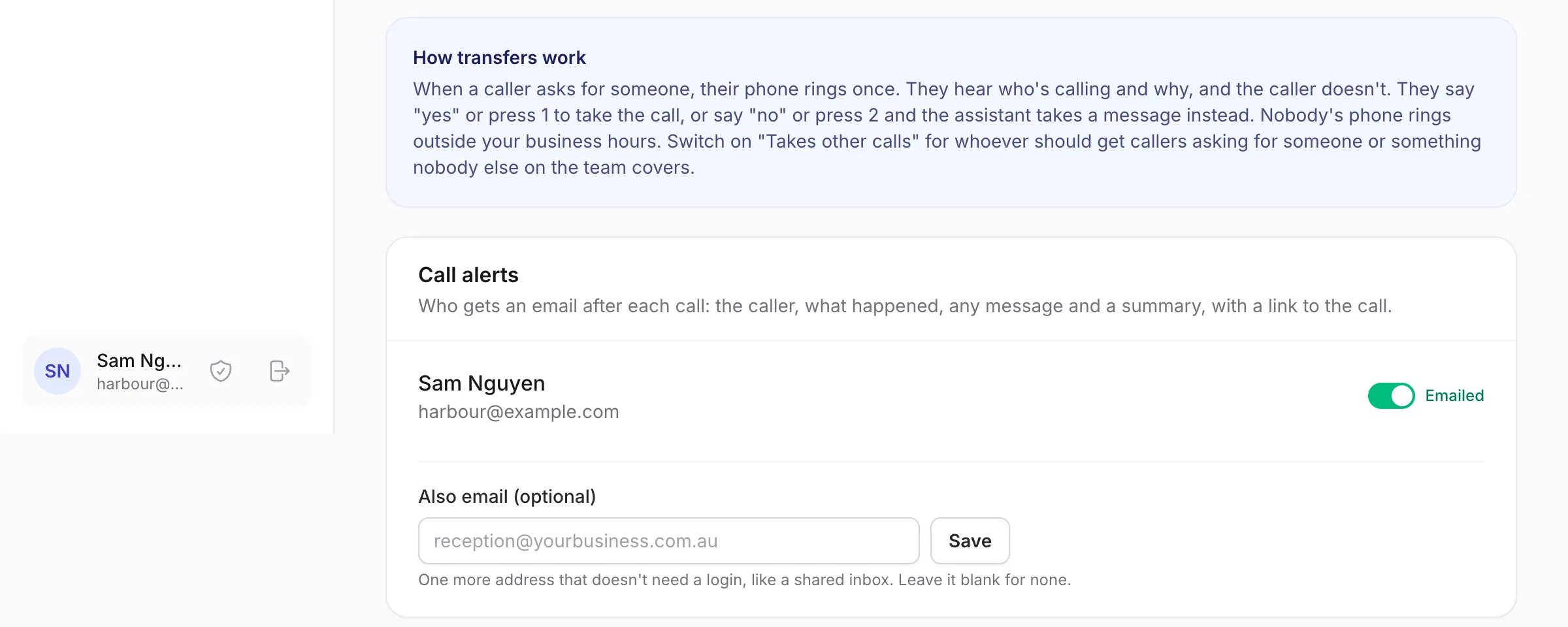 Call alerts on the Team page: who gets an email after each call, with the caller, what happened, any message and a summary, plus an optional extra address.