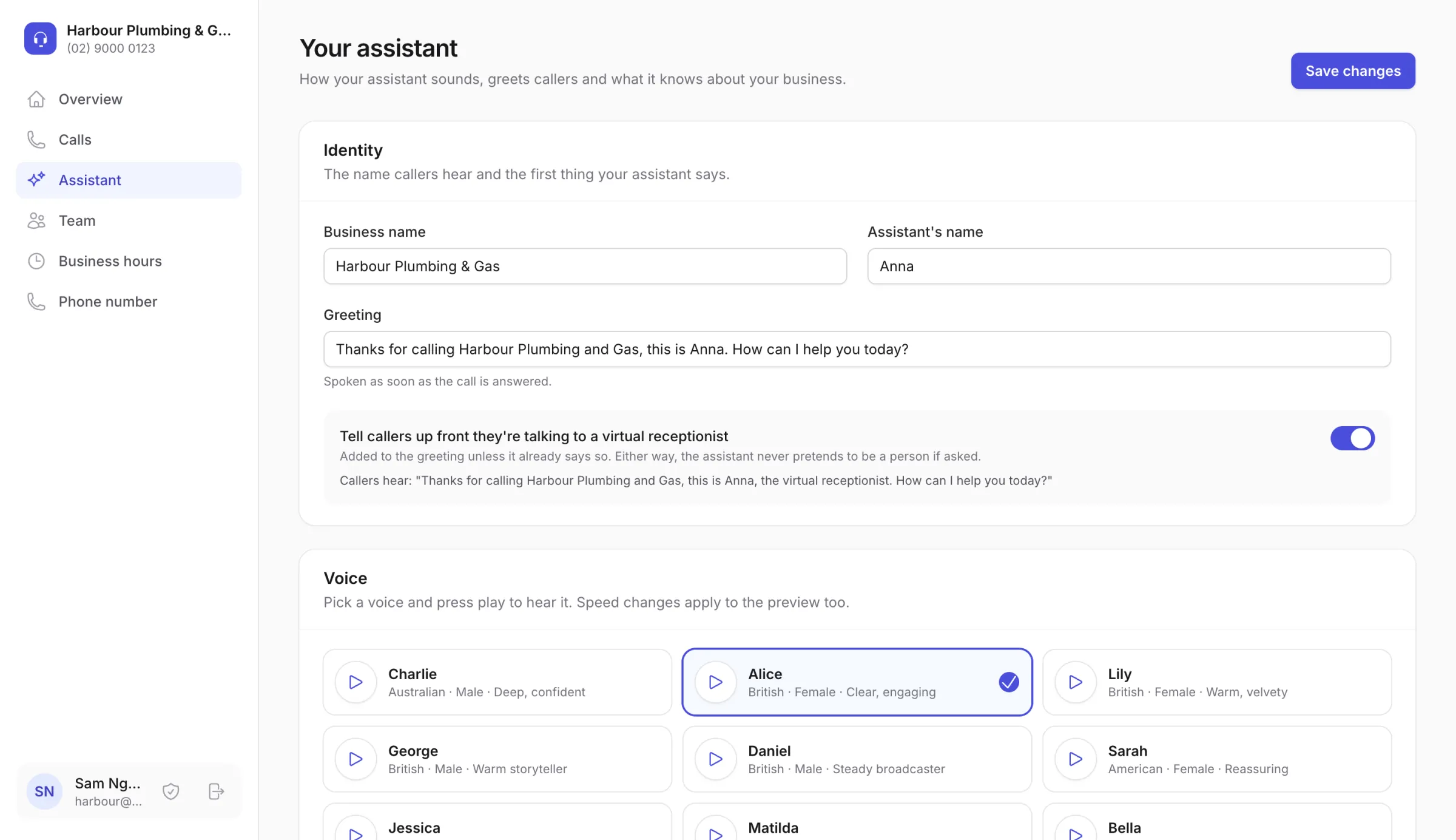 The Assistant page: the business name, assistant name Anna, the greeting, the virtual receptionist disclosure switch and a choice of voices.