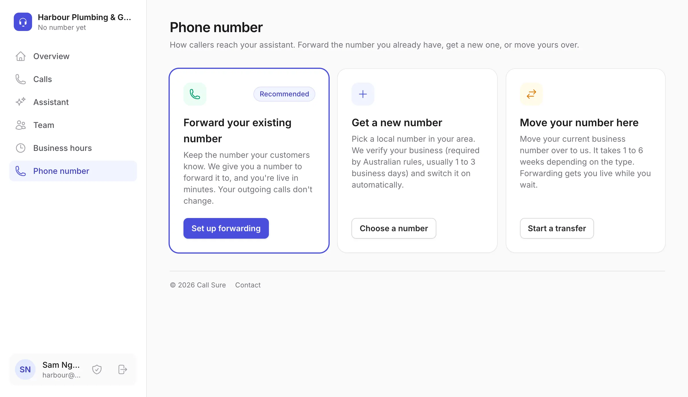The Phone number page offering three ways to connect: forward your existing number (recommended), get a new number, or move your number here.