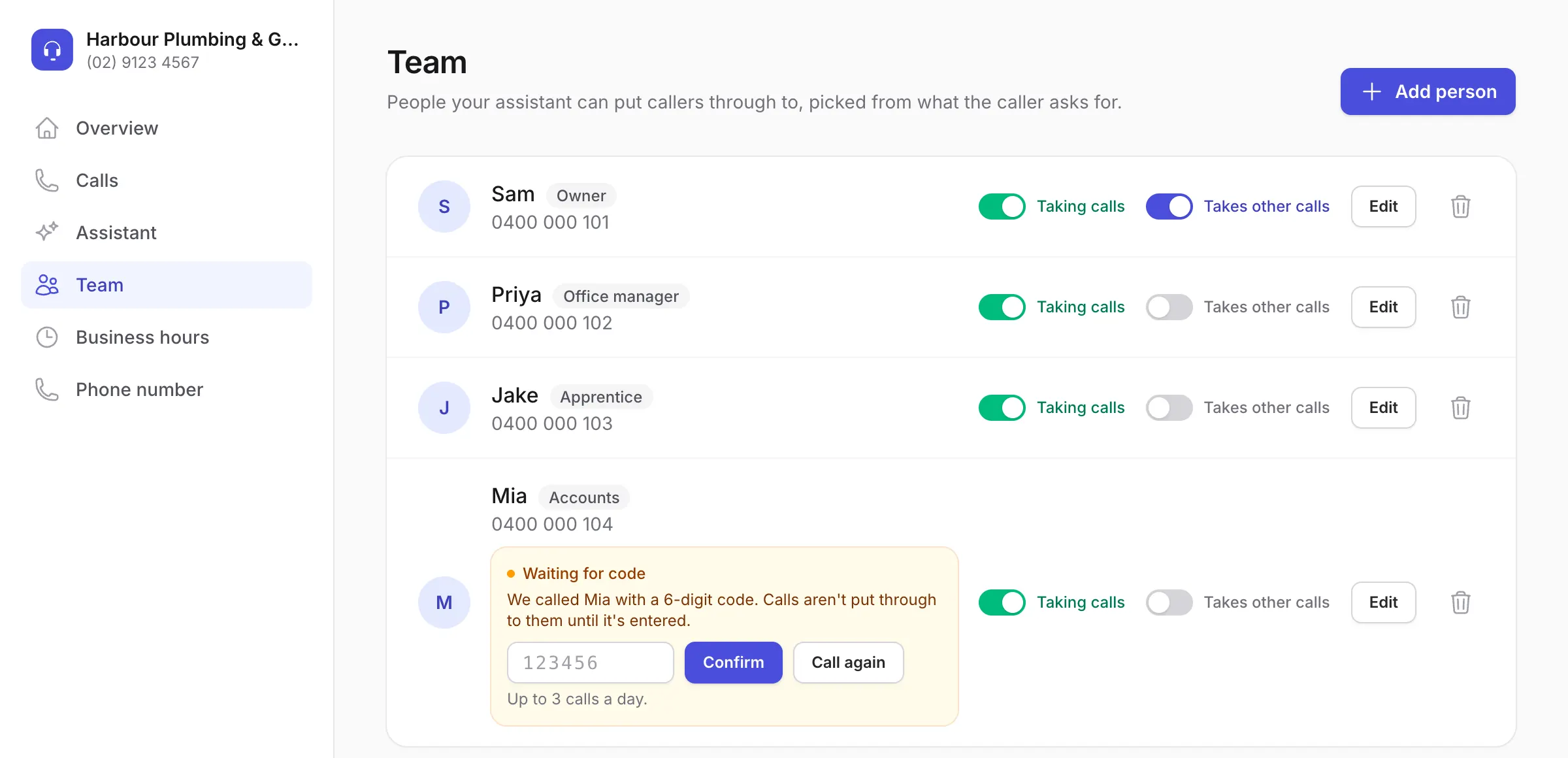The Team page: Sam, Priya and Jake confirmed and taking calls, and a new team member, Mia from accounts, waiting for the 6-digit code from her confirmation call.